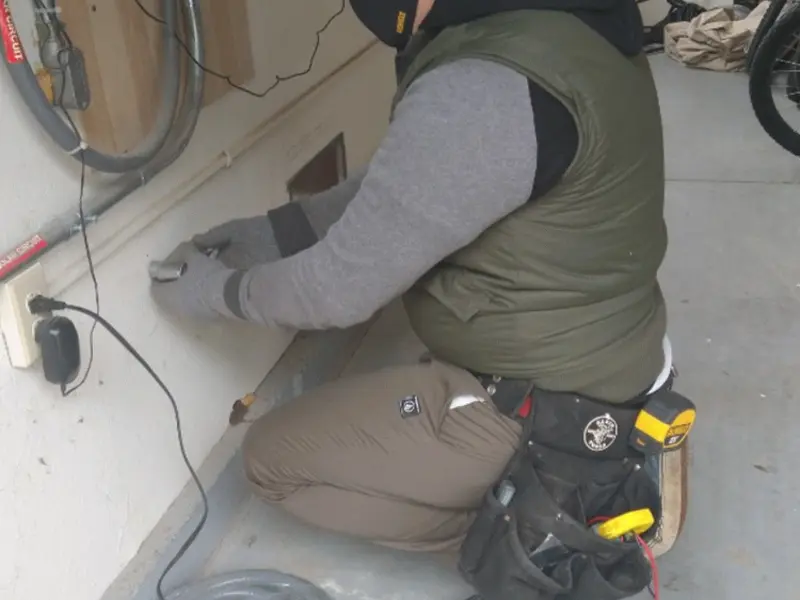 Electrician performing outlet wiring in a Clementon garage